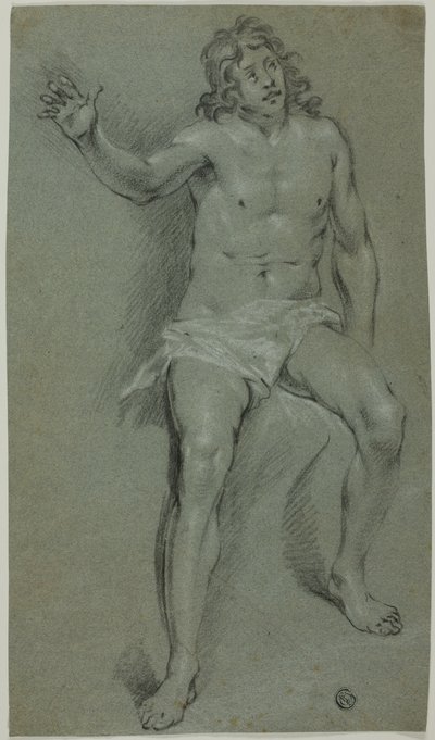 Sedící mužský akt (recto); náčrty ruky a hlavy chlapce (verso) od School of Rembrandt van Rijn