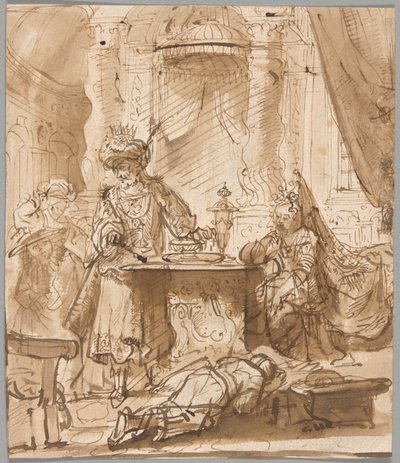 Degradace Hamana před Ahasverem a Ester od School of Rembrandt van Rijn