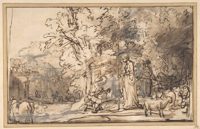 Setkání Jákoba a Ráchel u Studny, 1640-49. od School of Rembrandt van Rijn