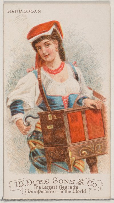 Ruční varhany, ze série hudebních nástrojů N82 pro cigarety značky Duke, 1888., 1888. od Schumacher and Ettlinger