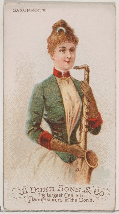 Saxofon, ze série hudebních nástrojů N82 pro cigarety značky Duke, 1888., 1888. od Schumacher and Ettlinger