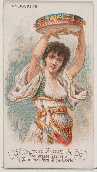 Tamburína, ze série hudebních nástrojů N82 pro cigarety značky Duke, 1888., 1888. od Schumacher and Ettlinger
