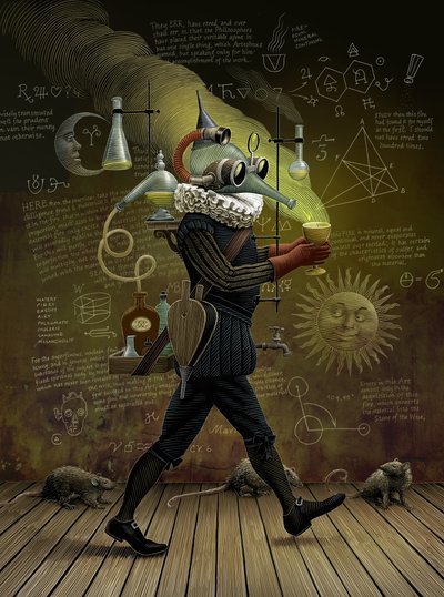 Alchymista 2014 (scratchboard, digitálně kolorováno) od Scott McKowen