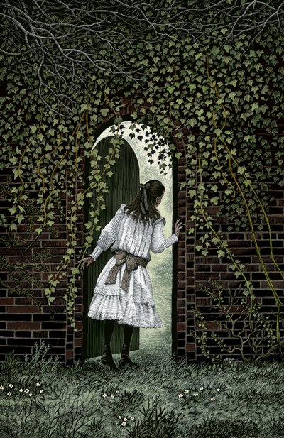 Tajná zahrada, 2004 (scratchboard, digitálně kolorováno) od Scott McKowen