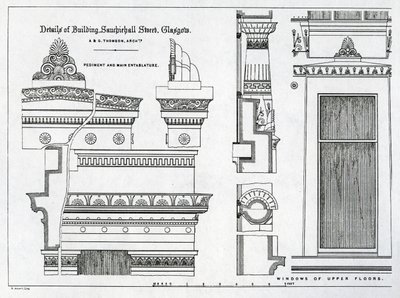Architektonické detaily Grecian Chambers, 336-356 Sauchiehall Street, Glasgow, navrhl Alexander Greek Thomson, 1869 od Scottish School