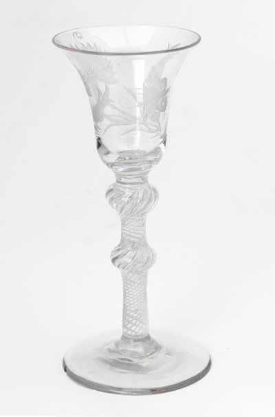 Gravírované jakobitské airtwist nápojové sklo, cca 1760 (sklo) od Scottish School