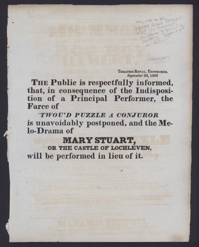 Oznámení o změně účtovaného představení v Theatre Royal, Edinburgh, 30. září 1829 (litho) od Scottish School