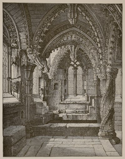Jihovýchodní roh Lady Chapel, Rosslyn (sépiová fotografie) od Scottish School