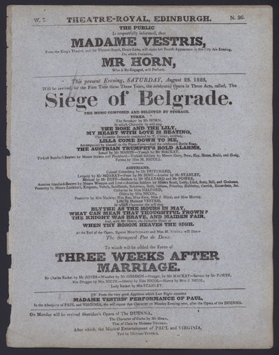 Divadelní program pro Theatre Royal, Edinburgh, 23. srpna 1823 (litho) od Scottish School