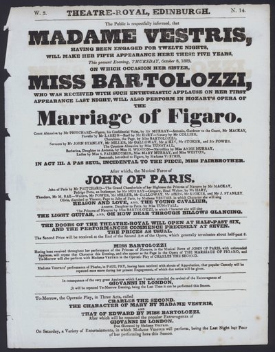 Divadelní program pro Theatre Royal, Edinburgh, 8. října 1829 (litho) od Scottish School