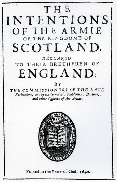 Titulní strana knihy "The Intentions of the Armie of the Kingdome of Scotland" od Alexandra Hendersona, vydáno 1640 (tištěný papír) od Scottish School