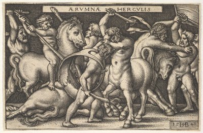 Herkules se svým kyjem uprostřed bojuje s kentaurem, další muži bojují s kentaury, aby opustili..., 1542. od Sebald Beham