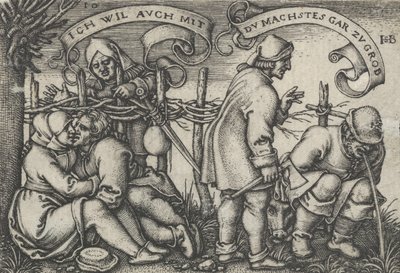 Sedláci za živým plotem, z Selské hostiny aneb Dvanáct měsíců, 1546-47. od Sebald Beham