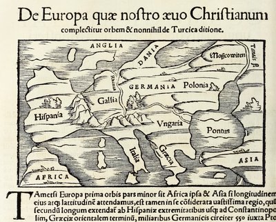 „De Europa, quae nostro aeuo Christianum“ mapa křesťanské Evropy z roku 1550 vydání „Cosmographia“ od Sebastiana Munstera (dřevořez) od Sebastian Munster