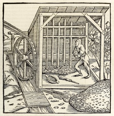 Těžba vodním kolem, z roku 1550 vydání ‚Cosmographia‘ od Sebastiana Munstera (dřevořez) od Sebastian Munster