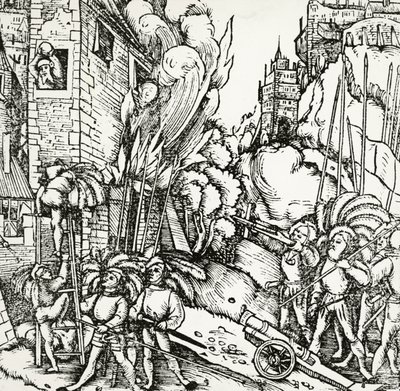 Obléhání Kartága, rytina převzatá z Universalis Cosmographia (Univerzální kosmologie), Sebastian Munster (1488-1552). Německo od Sebastian Munster