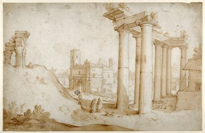 Forum Romanum s chrámem Tita a Vespasiana, chrámem Saturna a obloukem Septimia Severa (pero a hnědý inkoust s hnědým lavírováním, na papíře) od Sebastian Vrancx