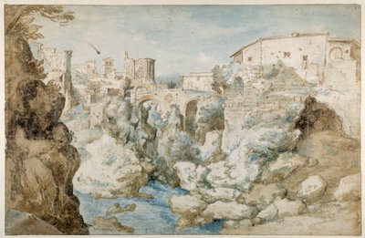 Pohled na Tivoli s chrámem Tiburtine Sibyly a vodopády (pero a inkoust s hnědým a modrým lavírováním na papíře) od Sebastian Vrancx