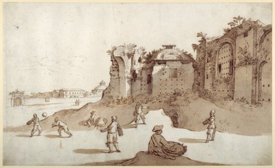 Mladí muži hrající pelotu uvnitř Diokleciánových lázní; S. Bernardino v dálce; dlouhá stěna Bellaiani (pero a hnědý inkoust s hnědým praním na papíře) od Sebastian Vrancx