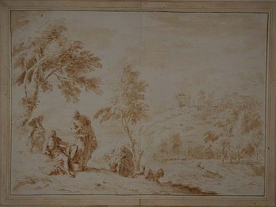 Rozsáhlá pastorační krajina s Hill-town, cca 1720 (hnědý inkoust a mytí) od Sebastiano Ricci