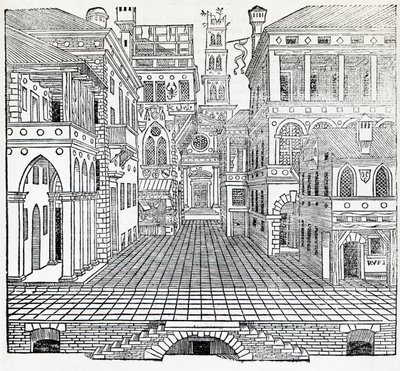 Magická scéna, návrh divadelní scény Sebastiano Serlio (1475-1554), ilustrace z Pojednání o architektuře, kniha II od Sebastiano Serlio