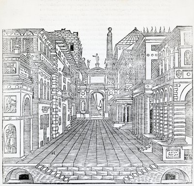 Magická scéna, návrh divadelní scény Sebastiano Serlio (1475-1554), ilustrace z Pojednání o architektuře, kniha II od Sebastiano Serlio