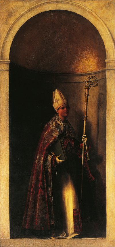Svatý Ludvík z Toulouse, výzdoba z varhanních dveří, cca 1509, Sebastiano del Piombo (cca 1485-1547), olej na plátně, 293x137 cm, Kostel San Bartolomeo, Benátky, Itálie od Sebastiano del (c.1485 1547) Piombo