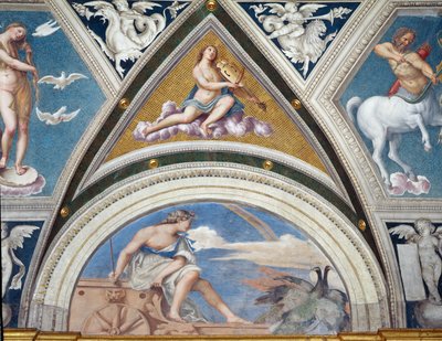 Loggia della Galatea Lodžie Galatea detail výzdoby klenby zobrazující Juno na jejím voze a houslistu, freska z roku 1506 od Sebastiano del Piombo