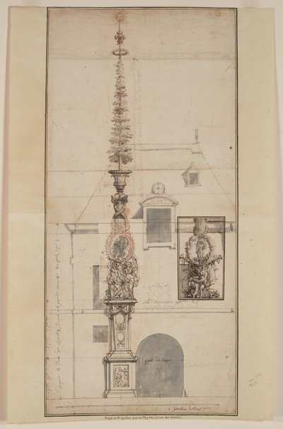 Projet de Mai des Gobelins permanent (recto) (černá křída, červená křída, pero a černá a hnědá tuš, šedý wash, na dvou spojených listech) od Sebastien I Le Clerc