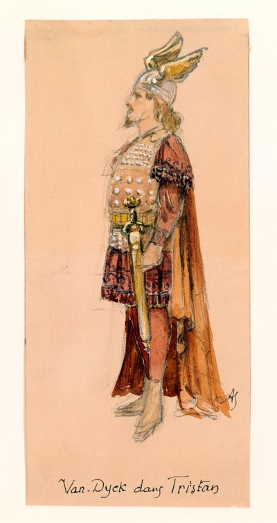 Francie, Paříž, kostýmní skica pro Tristana v představení Tristan a Isolda od Richarda Wagnera pro představení v pařížském Palais Garnier od Segaud Segaud