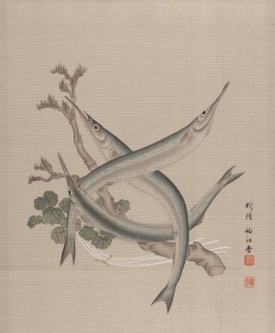 Tři ryby a větev, ca. 1890-92. od Seki Shuko