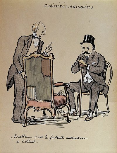 Bohatý sběratel umění si prohlíží židli, kterou údajně vlastnil Colbert. cca 1919 (barevná litografie) od Sem