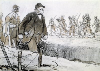 První světová válka: Portrét Clemenceaua (1841-1929) v pouzdře při návštěvě fronty. Kresba Georgese Goursat dit Sem (1863-1934) od Sem