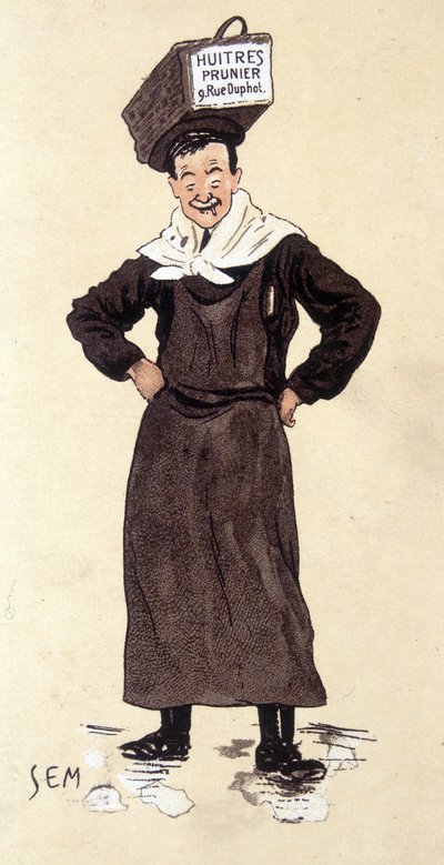 Prodejce ústřic z obchodu Prunier. Chromolitografie signovaná SEM (1863 - 1934). od Sem