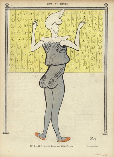 Louise Balthy, francouzská herečka, ve Folies-Bergere, ilustrace pro Le Rire od Sem