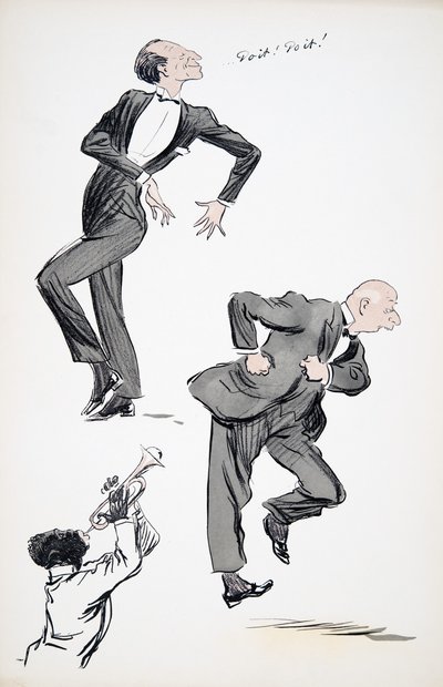Dva muži v oblecích tančí, zatímco hudebník hraje na trubku, z hospody White Bottoms. 1927 (barevný blokový tisk) od Sem