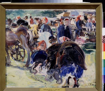 Veletrh. Zemské tržiště se selskými ženami a obchodníky. Obraz Semjona Gavriloviče Nikiforova (1877-1912), olej na plátně od Semen Gavriilovich Nikiforov