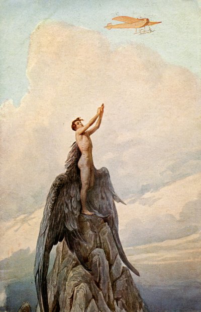 Doprava. Letectví. Ikarův sen. Ikarus a letadlo. Ilustrace J. Solomko, Maďarsko, kolem 1916. (pohlednice) od Sergei Sergeevich Solomko