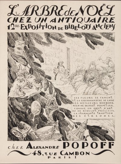 Vánoční strom u obchodníka se starožitnostmi, 12. výstava v Alexandre Popoff, 1933 od Sergei Vasilevich Chekhonin