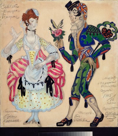 Přípravné kostýmy pro divadelní hru "Le mariage de Figaro"" od Pierra Augustina Caron de Beaumarchais (1732-1799) (Návrh kostýmů pro divadelní hru Figarova svatba od Beaumarchaise) - Dílo Sergeje Jurijeviče Sudejkina (Serge Soudeiki od Sergei Yurevich Sudeikin