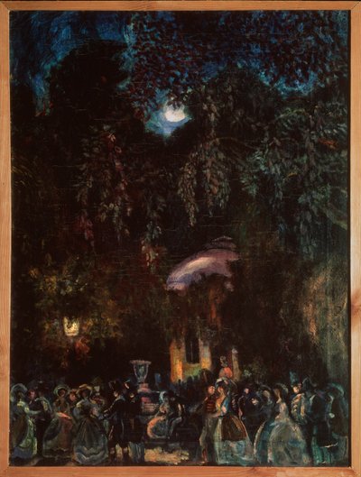 Španělsko. (Volnočasová scéna, firemní procházka po ulici, večer). Obraz Sergeje Jurijeviče Sudejkina (Serge Soudeikine) (1882-1946), olej na plátně, kolem roku 1910. Ruské umění, 20. století. Státní muzeum historie, architektury a umění v přírodě, Psko od Sergei Yurevich Sudeikin