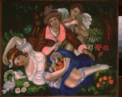 Alegorický výjev. (Pár milenců, obklopen pár holubicemi a Amor hrající hudbu). Obraz Sergeje Jurijeviče Sudejkina (Serge Soudeikine) (1882-1946), olej na plátně, kolem roku 1910. Ruské umění, 20. století, secese, modernismus. od Sergei Yurevich Sudeikin