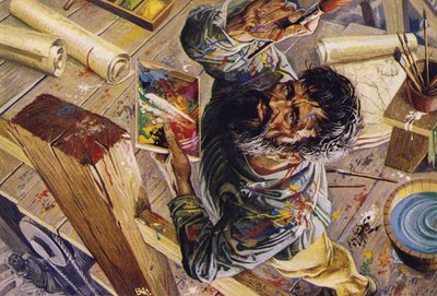 Michelangelo při práci na stropě Sixtinské kaple (barevná litografie) od Severino Baraldi