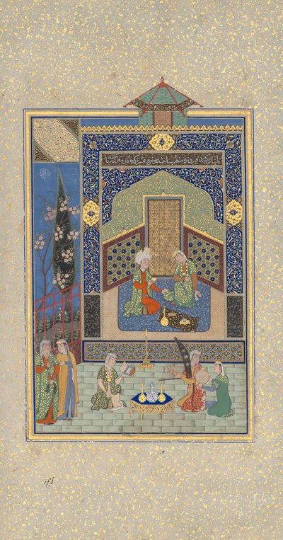 Bahram Gur v Tyrkysovém paláci ve středu, Folio 216 z Khamsa...AH 931AD1524-25 od Shaikh Zada