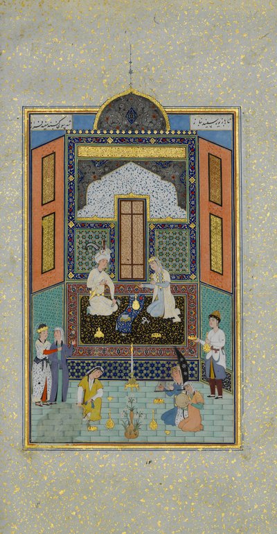 Bahram Gur v Bílém paláci v pátek, Folio 235 z Khamsa..., A.H. 931A.D. 1524-25 od Shaikh Zada