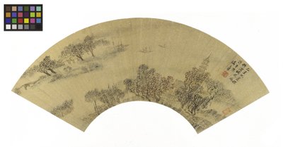 Krajina s pagodou, domy a loděmi, 1625 tuš a barvy na zlatém papíře od Sheng Maoye