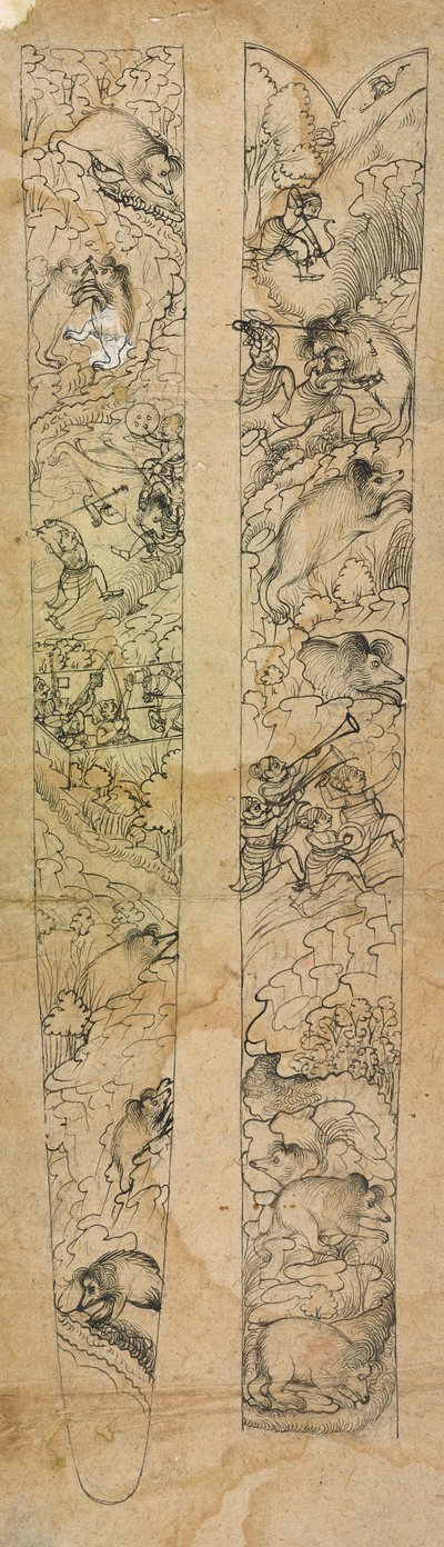 Rádža lovící divočáky, design na pochvu, ca. 1750-1760. od Shevdar Gangeyagi