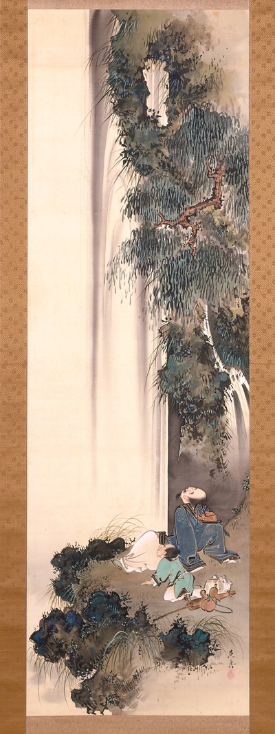 Li Bai zírá na vodopád (inkoust a barva na hedvábí) od Shibata Zeshin
