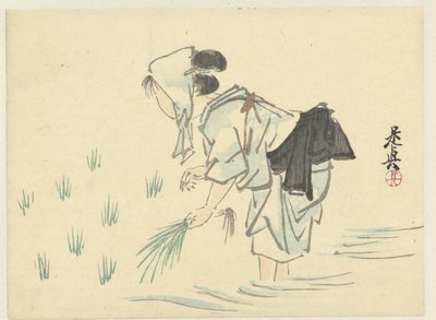 Žena sázející rýži od Shibata Zeshin