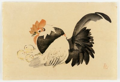 Kohout, slepice a kuřátka, éra Meidži, 1870-79 (barevný dřevotisk) od Shibata Zeshin